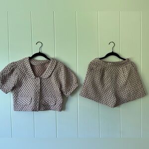 Kids' Beige Patterned Button Down Shirt and Shorts Set